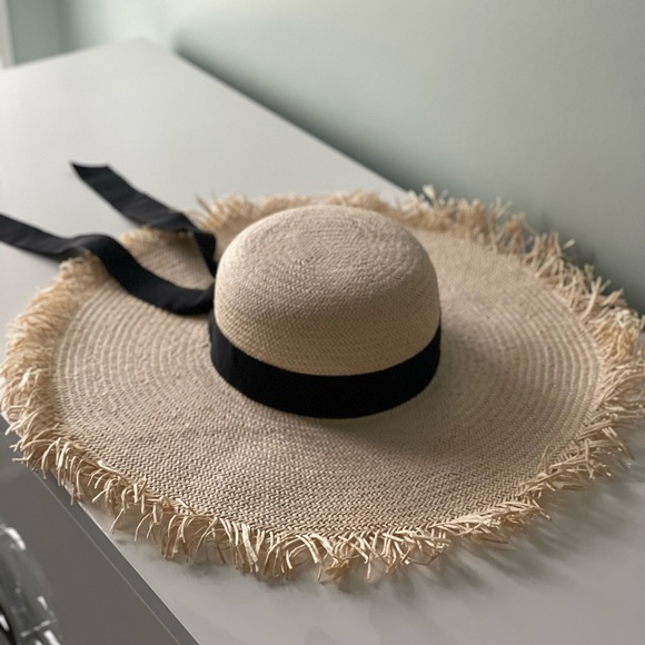 J. CREW Raw Edge Black Ribbon Straw Hat - Picture 6 of 8
